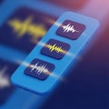 A smartphone displaying three audio waveform icons with a blurred background of sound waves Royalty Free Stock Photo