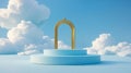 Gold Arched Frame On Light Blue Podium In Sky With Clouds Royalty Free Stock Photo