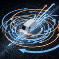 A 3D-rendered image showcases a white van surrounded by concentric circles and directional arrows, Royalty Free Stock Photo