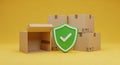 Open Cardboard Box with Green Shield and Check Mark Symbol on Yellow Background delivery shipping Royalty Free Stock Photo