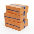 Stack of Three Orange Cardboard Shipping Boxes with Blue Tape delivery package Royalty Free Stock Photo