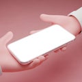3D Rendered Hands Exchanging a Smartphone with Blank White Screen on Pink Background Royalty Free Stock Photo