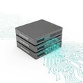 3D Rendered Server Stack with Glowing Blue Circuit Board Lines on White Background data Royalty Free Stock Photo