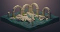 Submerged Ruins: A Low-Poly 3D Render of Ancient Architectural Fragments in Teal Waters Royalty Free Stock Photo
