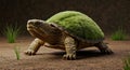 A Mossy Turtle in a Surreal Landscape: A 3D Render of a Tortoise with Lush Green Moss Shell Walking on Brown Earth Royalty Free Stock Photo