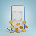 Smartphone with Falling Gold Coins on Light Blue Background 3D Render mobile phone cell phone Royalty Free Stock Photo