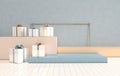 3d rendered interior with geometric shapes, podium on the floor and gift box. Set of platforms for product presentation, mock up