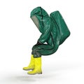 3D rendered male figure in a green hazardous materials suit, seated in a relaxed position