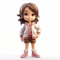 3d Rendered Manga Style Doll Of Girl With Brown Hair And Polkadotted Outfit