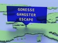 3D rendered map sticker, manhunt covers France after convict escapes prison in commando-style helicopter assault Royalty Free Stock Photo