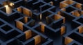 3D rendered maze structure with black and orange cubes arranged in grid pattern with white arrow pointing right from top down Royalty Free Stock Photo