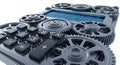 3D rendered mechanical device with intricate gear system and calculator displaying programming code on blue screen Royalty Free Stock Photo