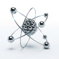 Abstract metallic atom model with orbiting electrons on a white background atomic science Royalty Free Stock Photo