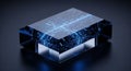A 3D rendered metallic cube with glowing blue circuit board lines and dots on a black background, representing futuristic Royalty Free Stock Photo