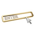 3D rendered metallic gold ENTER button with shiny pearl-like letters, highlighted by a silver mouse cursor. Perfect for website Royalty Free Stock Photo