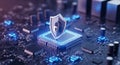 Digital security shield icon glowing on a computer processor chip representing cyber protection technology Royalty Free Stock Photo