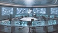 3D rendered, modern, futuristic command center interior with people