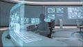 3D rendered, modern, futuristic command center interior with people