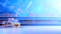 A 3D-rendered modern library scene with glowing blue books on shelves, a stack of books . Royalty Free Stock Photo