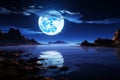 In a 3D rendered night, the blue moons glow kisses the sea