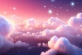 3D rendered night sky pastel pink clouds adorned with radiant yellow stars