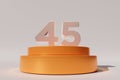 3d rendered number 45 on golden round-shaped flat stage on a gray surface