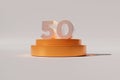 3d rendered number 50 on golden round-shaped flat stage on a gray surface
