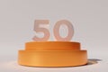 3d rendered number 50 on golden round-shaped flat stage on a gray surface