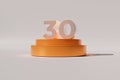 3d rendered number 30 on golden round-shaped flat stage on a gray surface