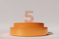 3d rendered number 5 on golden round-shaped flat stage on a gray surface