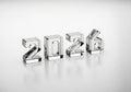 3D rendered numbers 2026 made of shiny clear glass or crystal on a reflective white surface Royalty Free Stock Photo