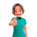 3D-rendered nurse in a hospital gown uniform showing thumbs up isolated on a white background