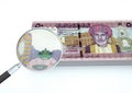 3D Rendered Oman money with magnifier investigate currency on white background Royalty Free Stock Photo