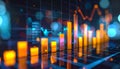3D Rendered Orange Bar Graph with Blue Bokeh Lights and Data Grid chart financial Royalty Free Stock Photo