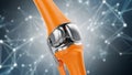 3d rendering of an orange bone knee joint prosthesis with metallic components against a blurred network background Royalty Free Stock Photo