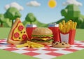 D-rendered picnic scene featuring low-poly food items on a red and Royalty Free Stock Photo