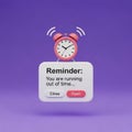 3D Rendered Pink Alarm Clock and Reminder Notification with Text You Are Running Out Of Time Royalty Free Stock Photo