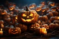 3D rendered pumpkins, bats, orange backdrop Dynamic Happy Halloween scene unfolds Royalty Free Stock Photo