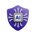 3D Rendered Purple Shield with AI Chip and Circuitry artificial intelligence processor Royalty Free Stock Photo
