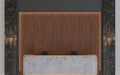 3D Render Receptionist Backdrop Black Marble and wood Material with Table