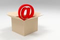 3d rendered red email sign in a cardboard box Minimal Concept 3D render Royalty Free Stock Photo