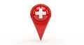 A 3D rendered red map pointer icon with a white cross symbol, isolated on a clean white background for design projects and Royalty Free Stock Photo