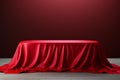 3D rendered red podium cover conceals a mysterious object with fabric texture