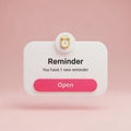 3D Rendered Reminder Notification with Alarm Clock Icon and Open Button on Pink Background Royalty Free Stock Photo