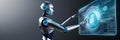 A 3D-rendered robot performing calculations on a holographic screen, emphasizing the power of AI and machine learning in solving