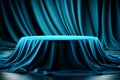 3D rendered round table, blue tablecloth, matching background, and knit curtains