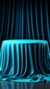 3D rendered round table, blue tablecloth, matching background, and knit curtains Royalty Free Stock Photo