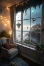 Window in room with surreal and mystical view Royalty Free Stock Photo
