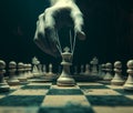 In a 3D rendered scene, puppeteer hands are shown controlling a chess piece, embodying the concept of business