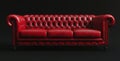 This 3D rendered scene showcases a red leather chesterfield sofa positioned on a reflective black surface Royalty Free Stock Photo
